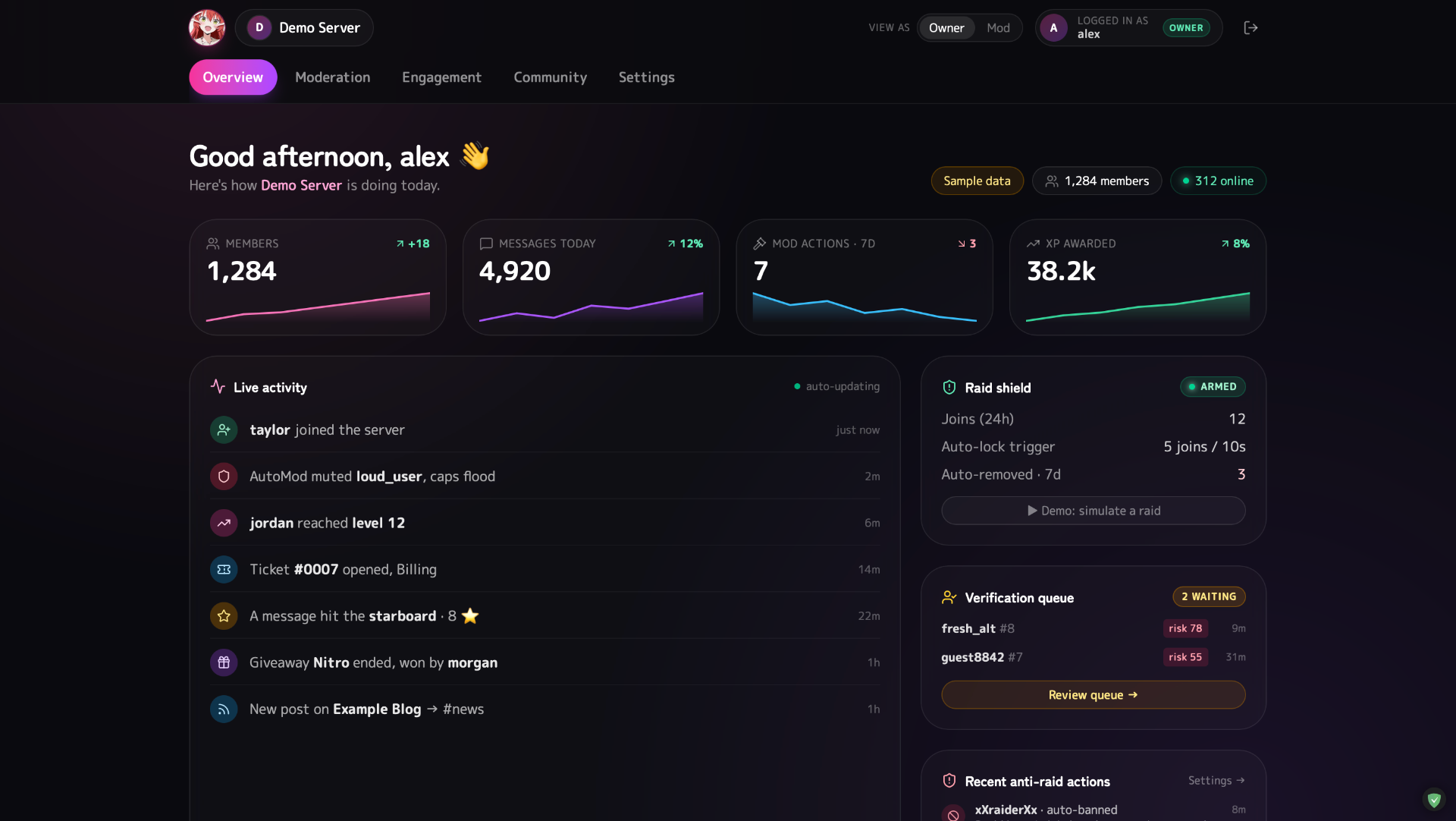 Kuma Bot dashboard: live moderation, anti-raid, charts and activity feed