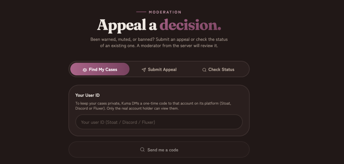 The Kuma appeal page, where a member can find their cases and submit an appeal