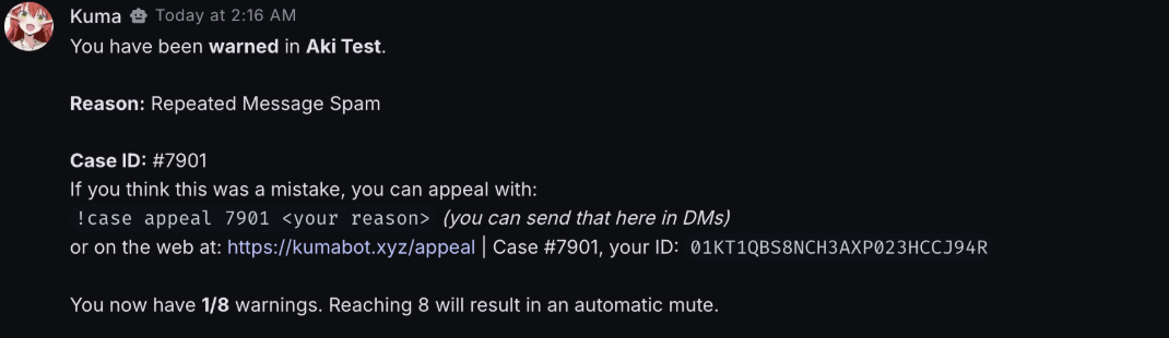 A direct message from Kuma explaining a warning, the reason, the case number and how to appeal